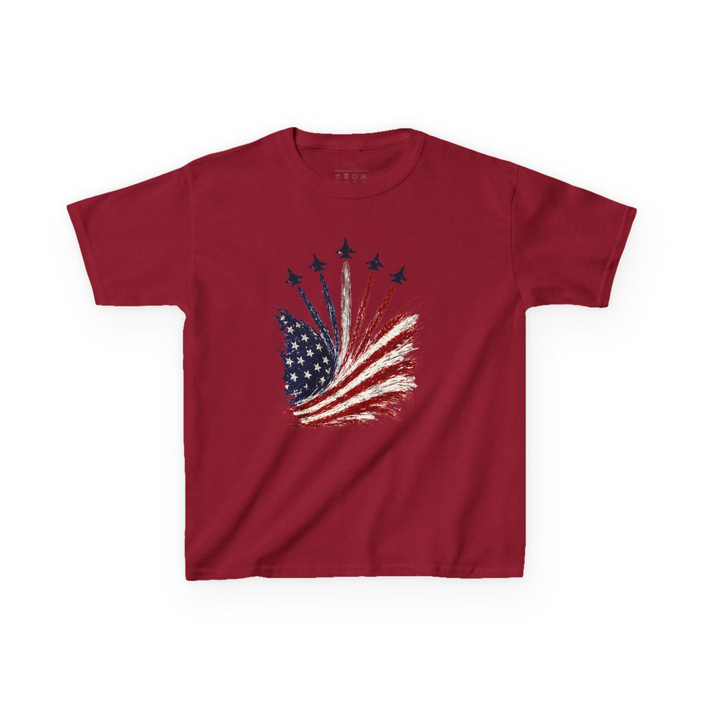 Youth,Kids T-Shirt — American Flag Jet Flyover Graphic (Patriotic 4th of July)