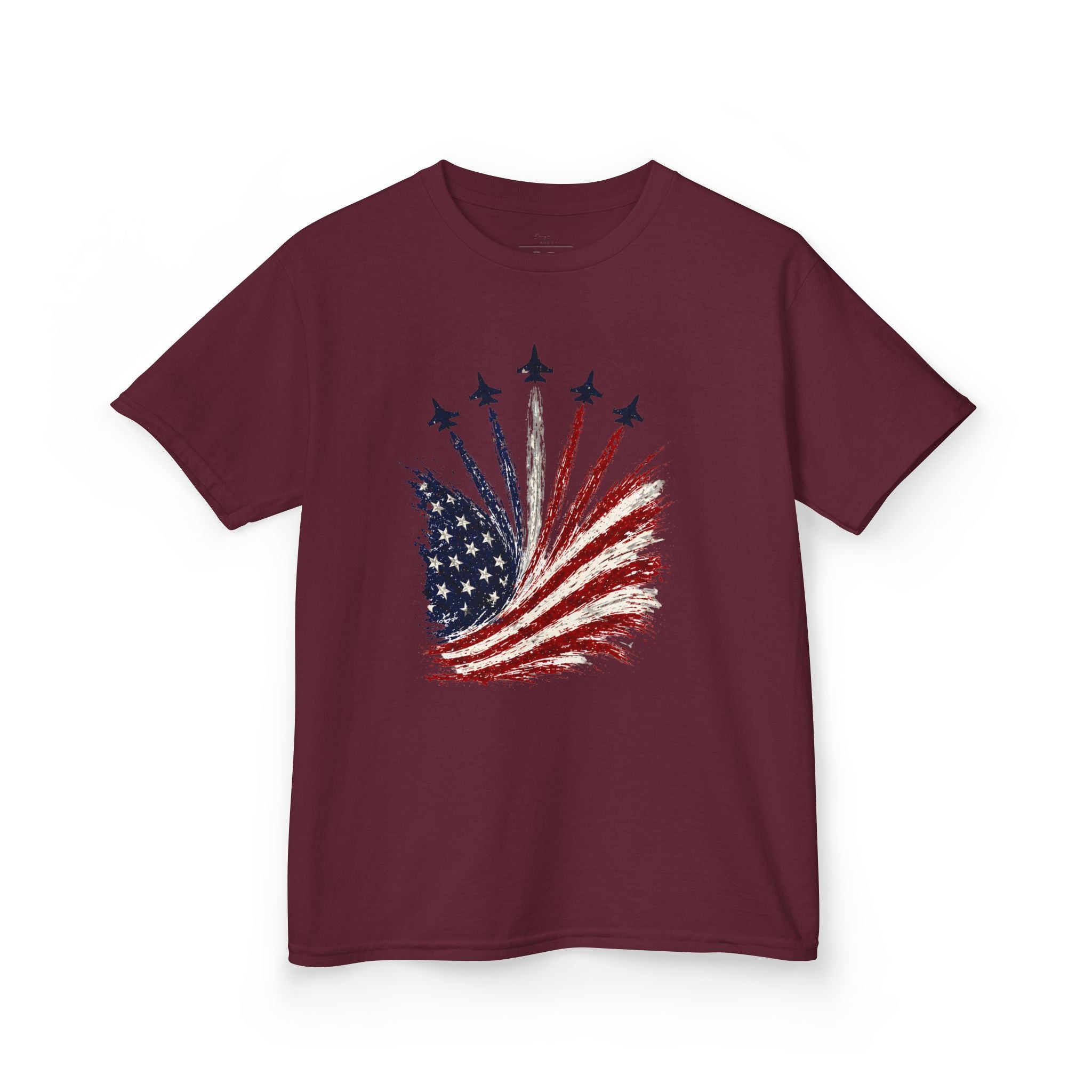 Youth,Kids T-Shirt — American Flag Jet Flyover Graphic (Patriotic 4th of July)