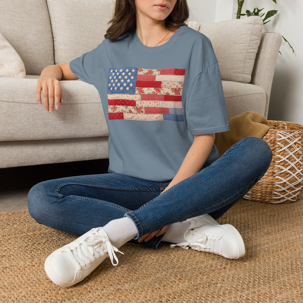 Patchwork American Flag T-Shirt — Vintage Floral Patriotic Tee