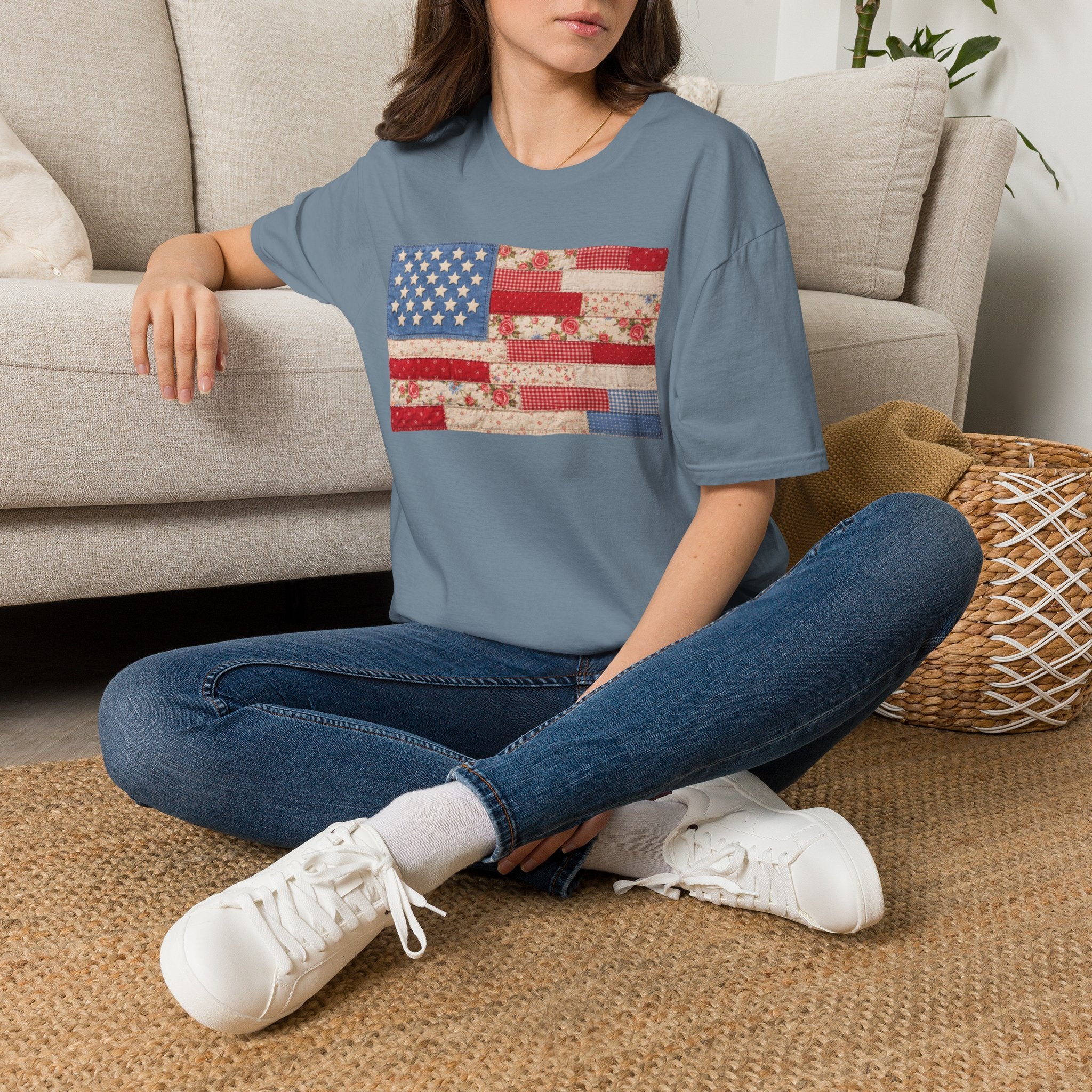 Patchwork American Flag T-Shirt — Vintage Floral Patriotic Tee