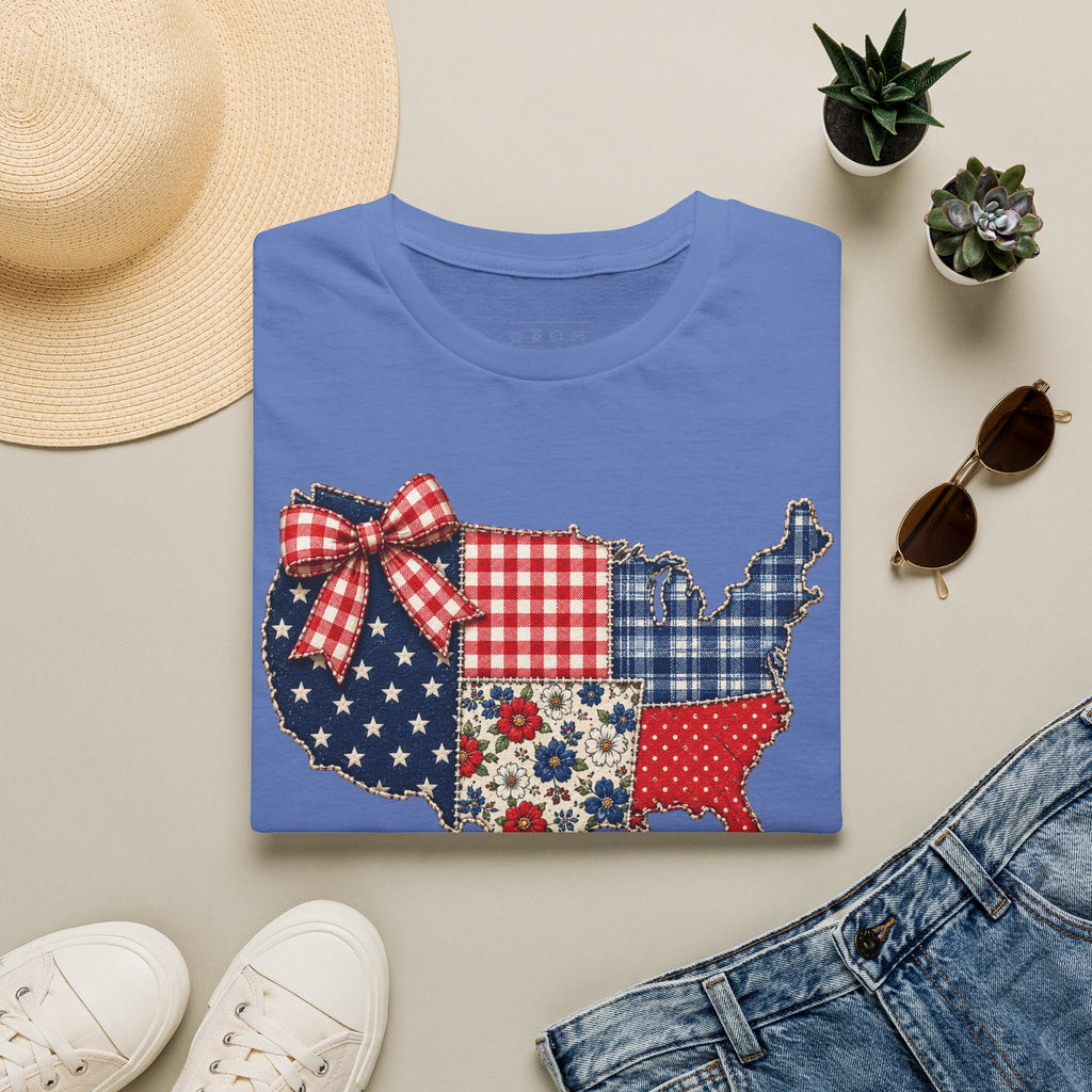 Patriotic Patchwork USA T-Shirt — Quilted Red White & Blue Map Tee