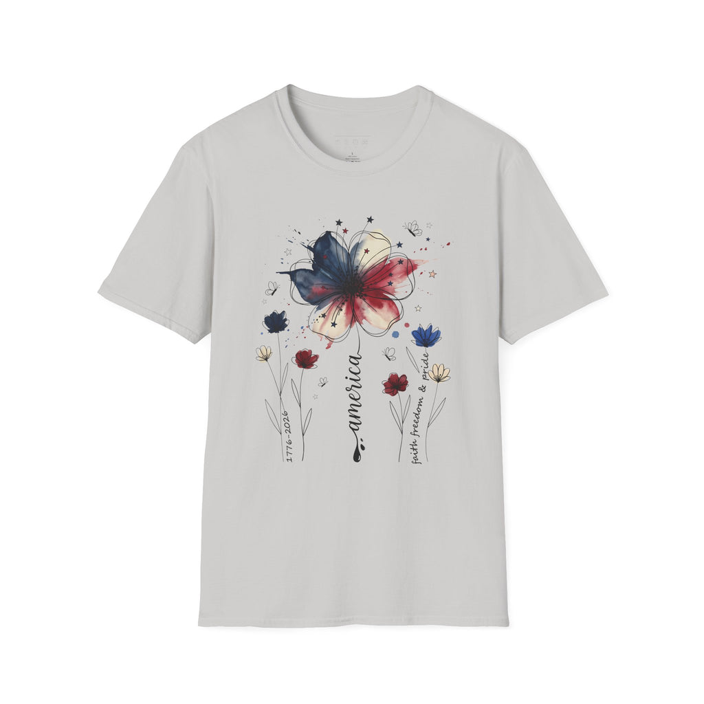 Butterfly Watercolor T-Shirt — Patriotic Red White Blue Floral Graphic
