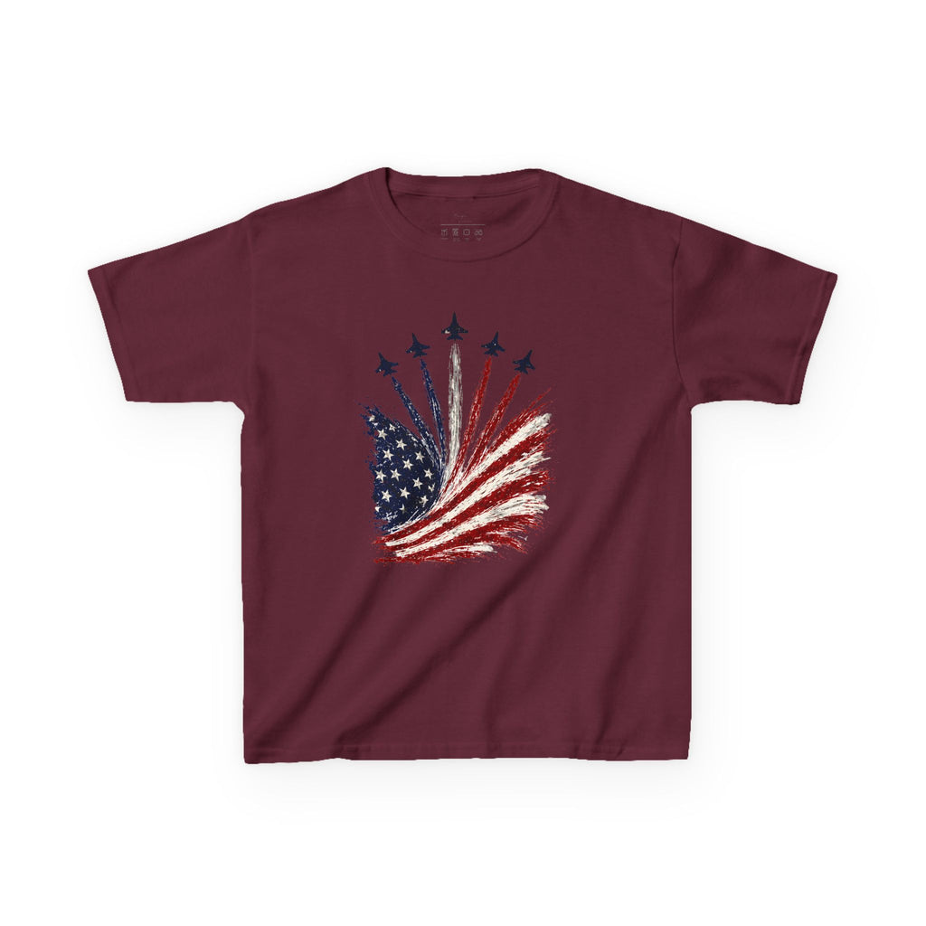 Youth,Kids T-Shirt — American Flag Jet Flyover Graphic (Patriotic 4th of July)