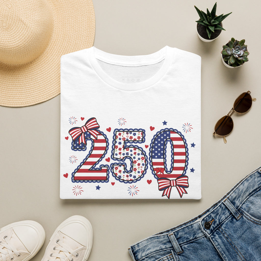 250 Patriotic T-Shirt — USA Flag Number Tee with Stars & Bows (Fourth of July)