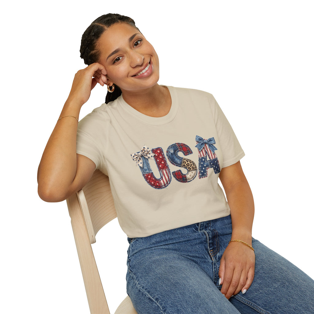 USA Distressed Flag Letters with Bows (4th of July) Tee shirt