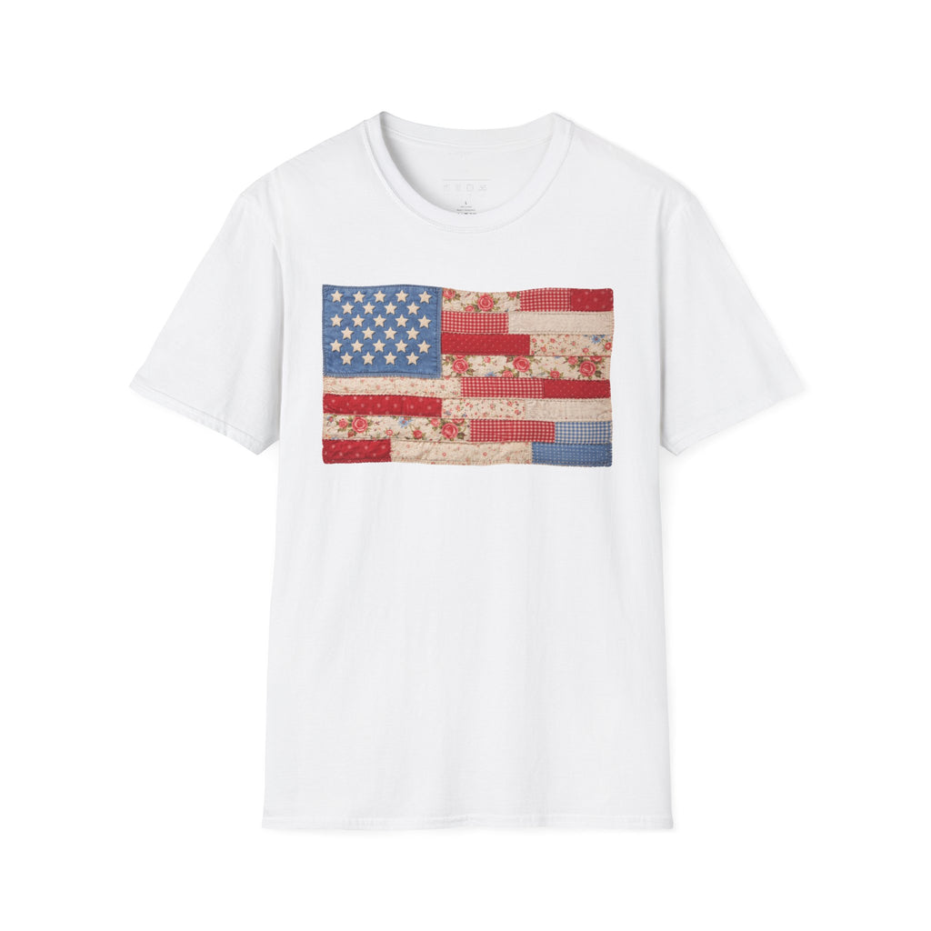 Patchwork American Flag T-Shirt — Vintage Floral Patriotic Tee