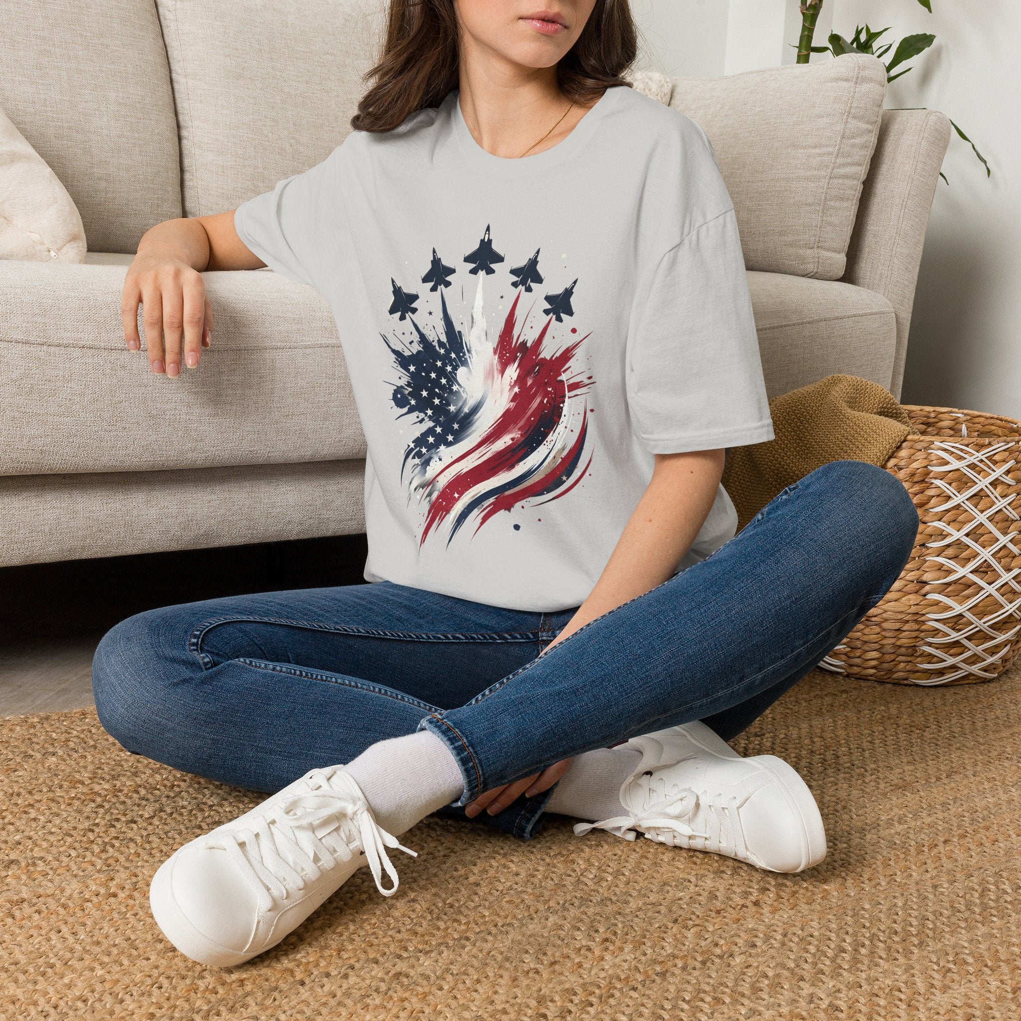 T-Shirt — Patriotic Jet Flyover with American Flag Splash