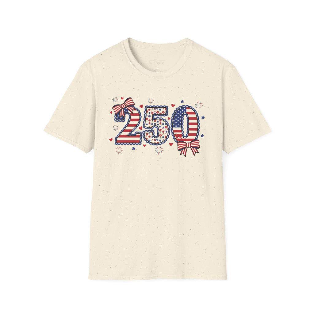 250 Patriotic T-Shirt — USA Flag Number Tee with Stars & Bows (Fourth of July)