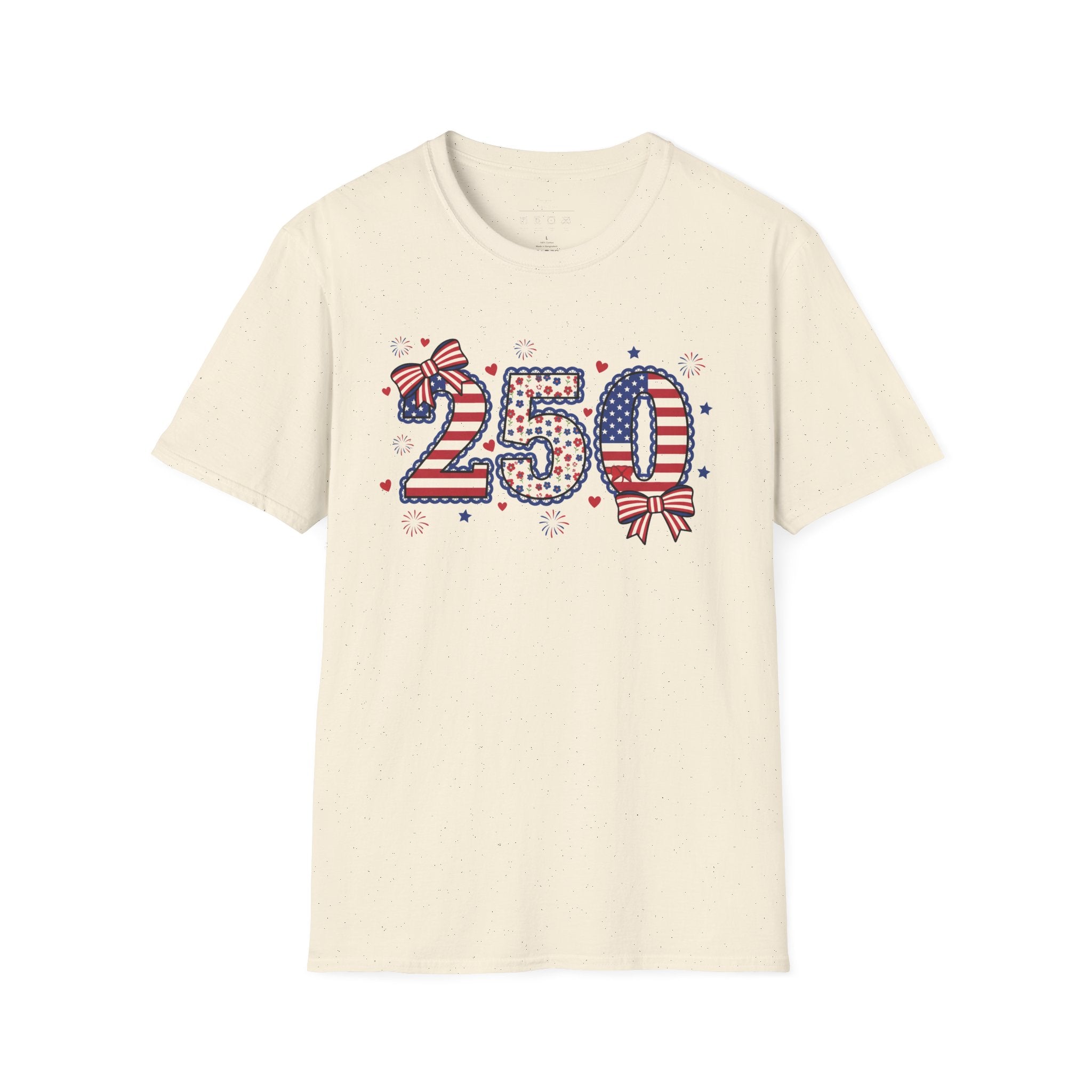 250 Patriotic T-Shirt — USA Flag Number Tee with Stars & Bows (Fourth of July)