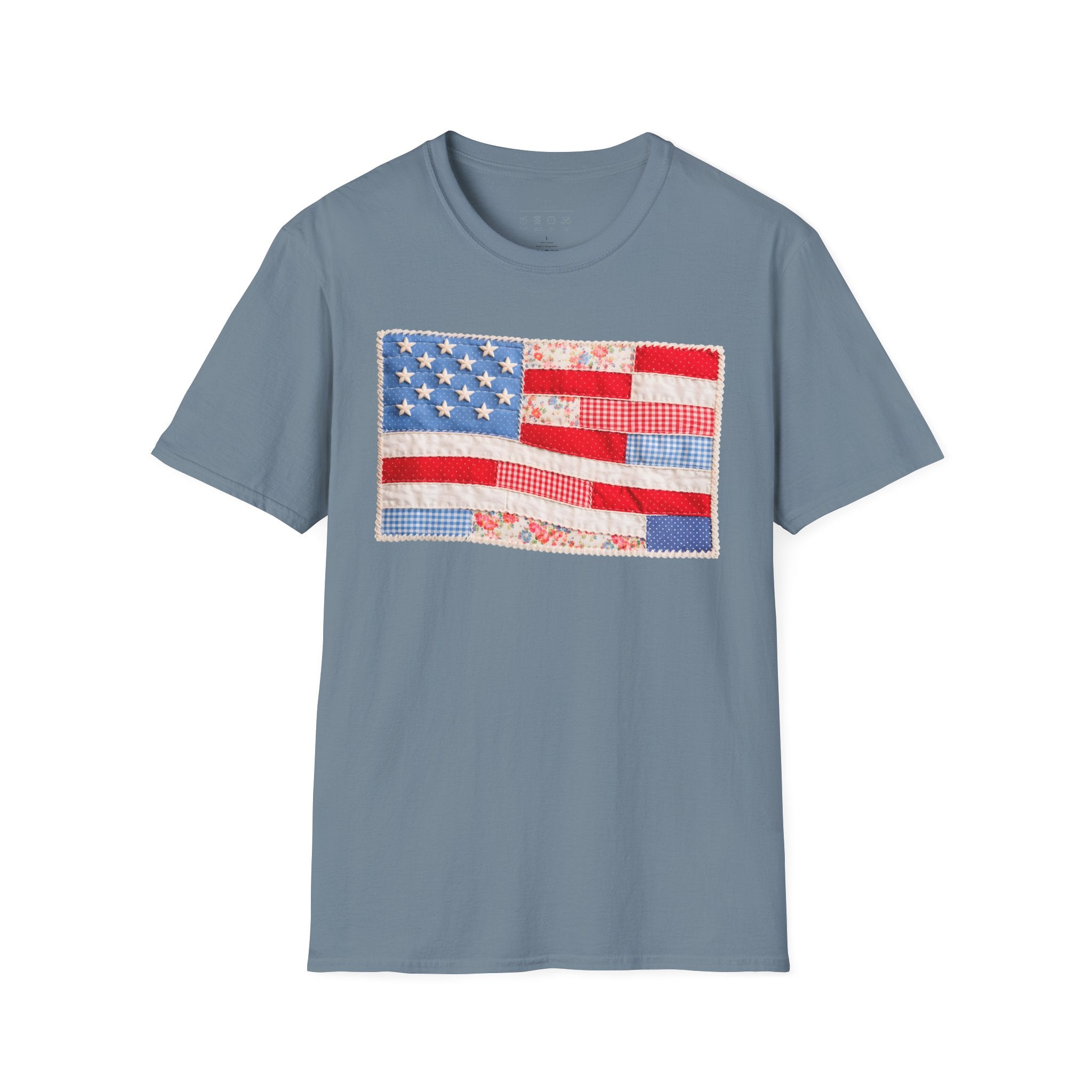 American Patchwork Flag T-Shirt — Vintage Floral Stars & Stripes Tee for 4th of July