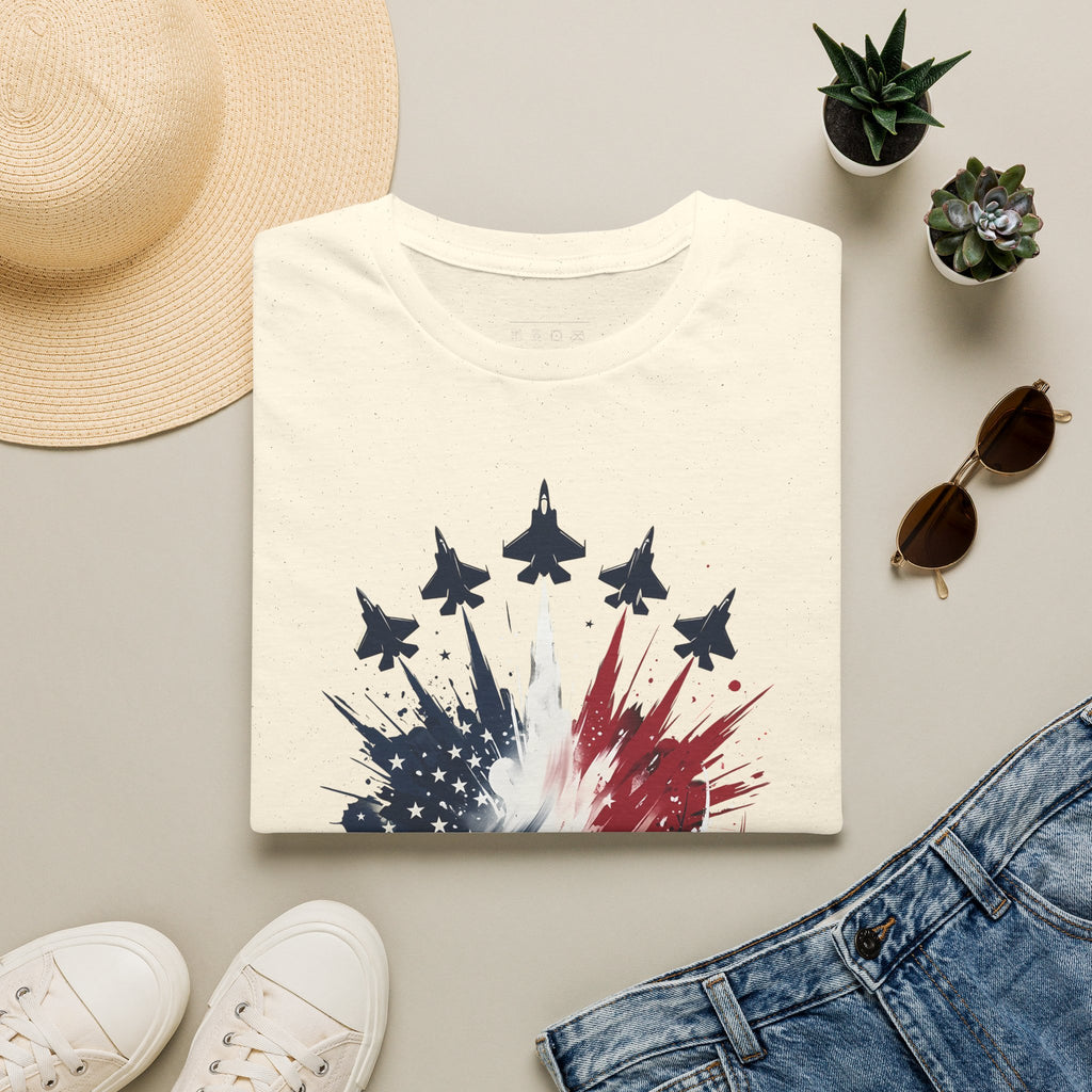 T-Shirt — Patriotic Jet Flyover with American Flag Splash