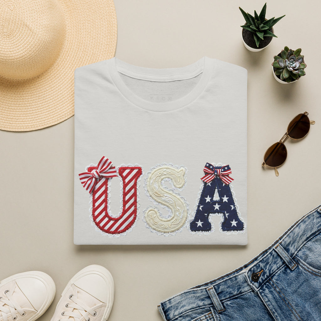 USA Applique T-Shirt — Patriotic 4th of July Flag Letter Tee