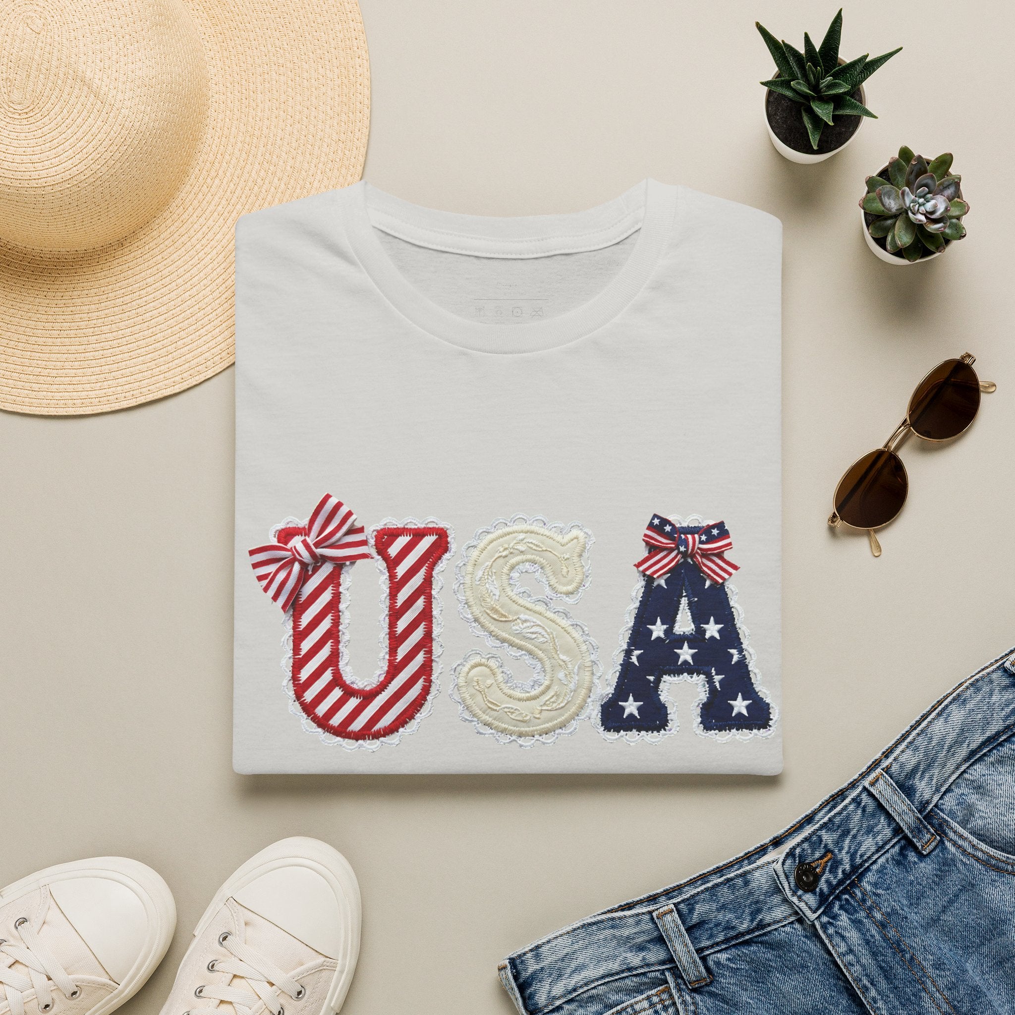 USA Applique T-Shirt — Patriotic 4th of July Flag Letter Tee
