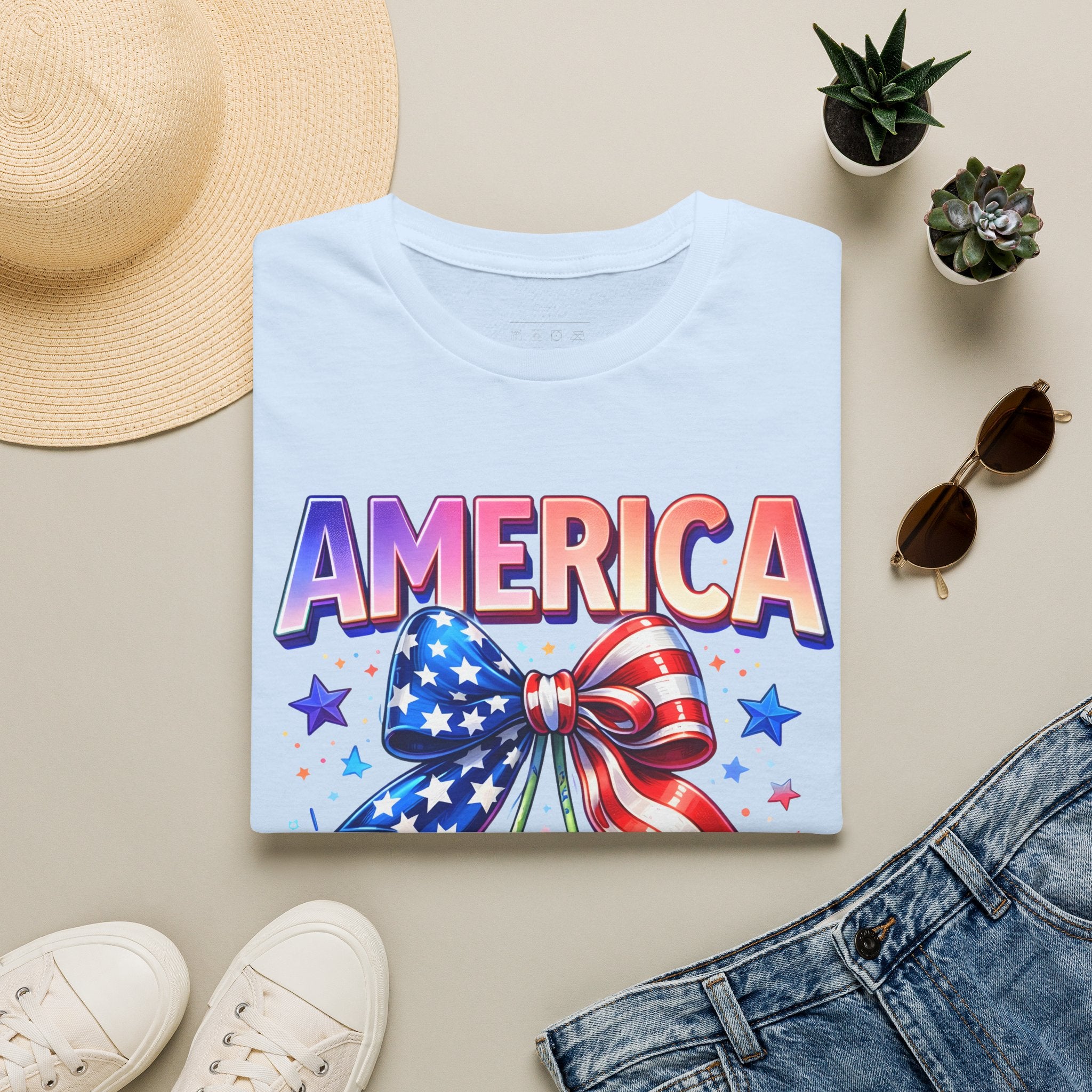 America Patriotic Cherry Graphic T-Shirt — USA Flag Bow 4th of July Tee