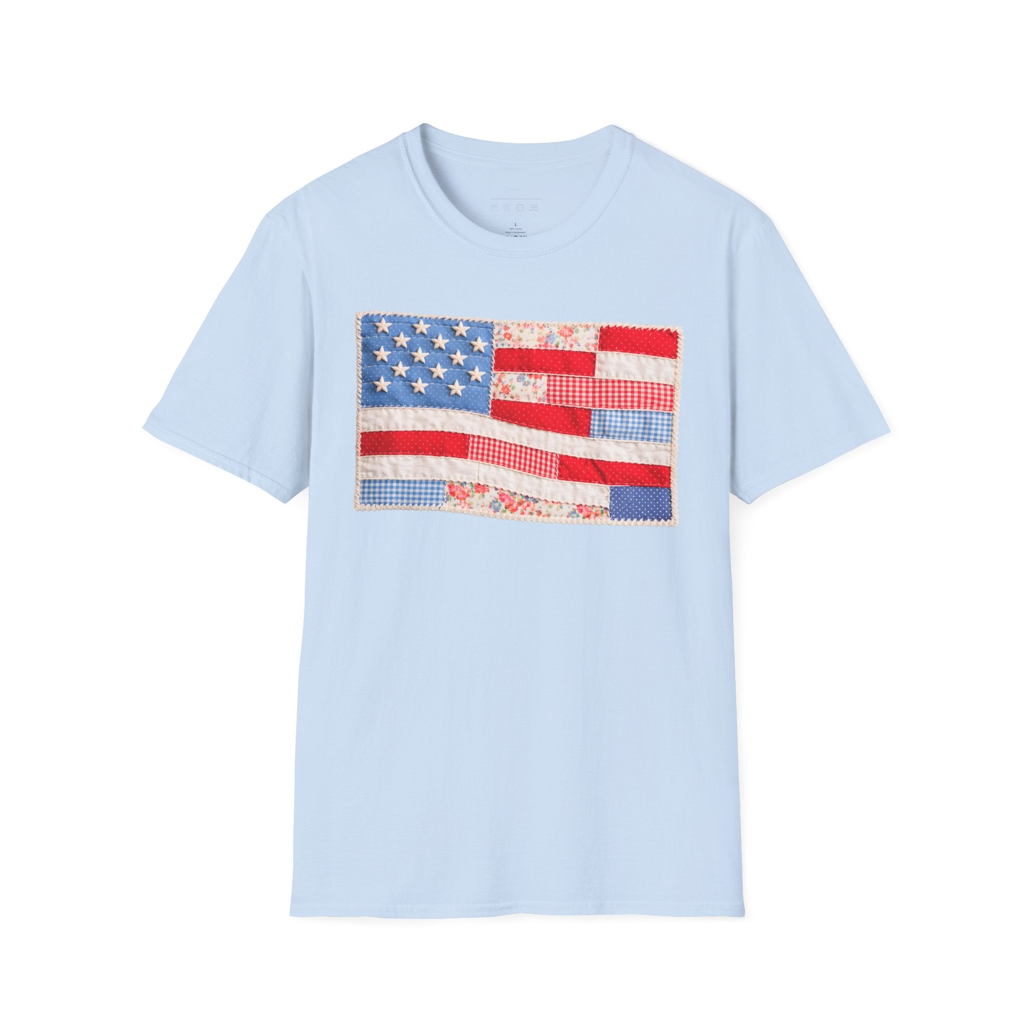 American Patchwork Flag T-Shirt — Vintage Floral Stars & Stripes Tee for 4th of July
