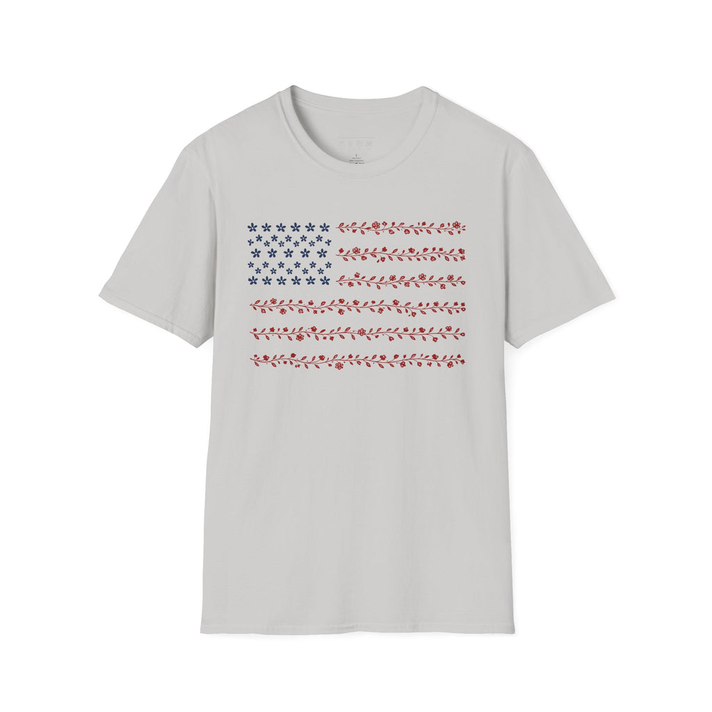 Floral American Flag T-Shirt — Patriotic Red & Blue Botanical Tee for 4th of July