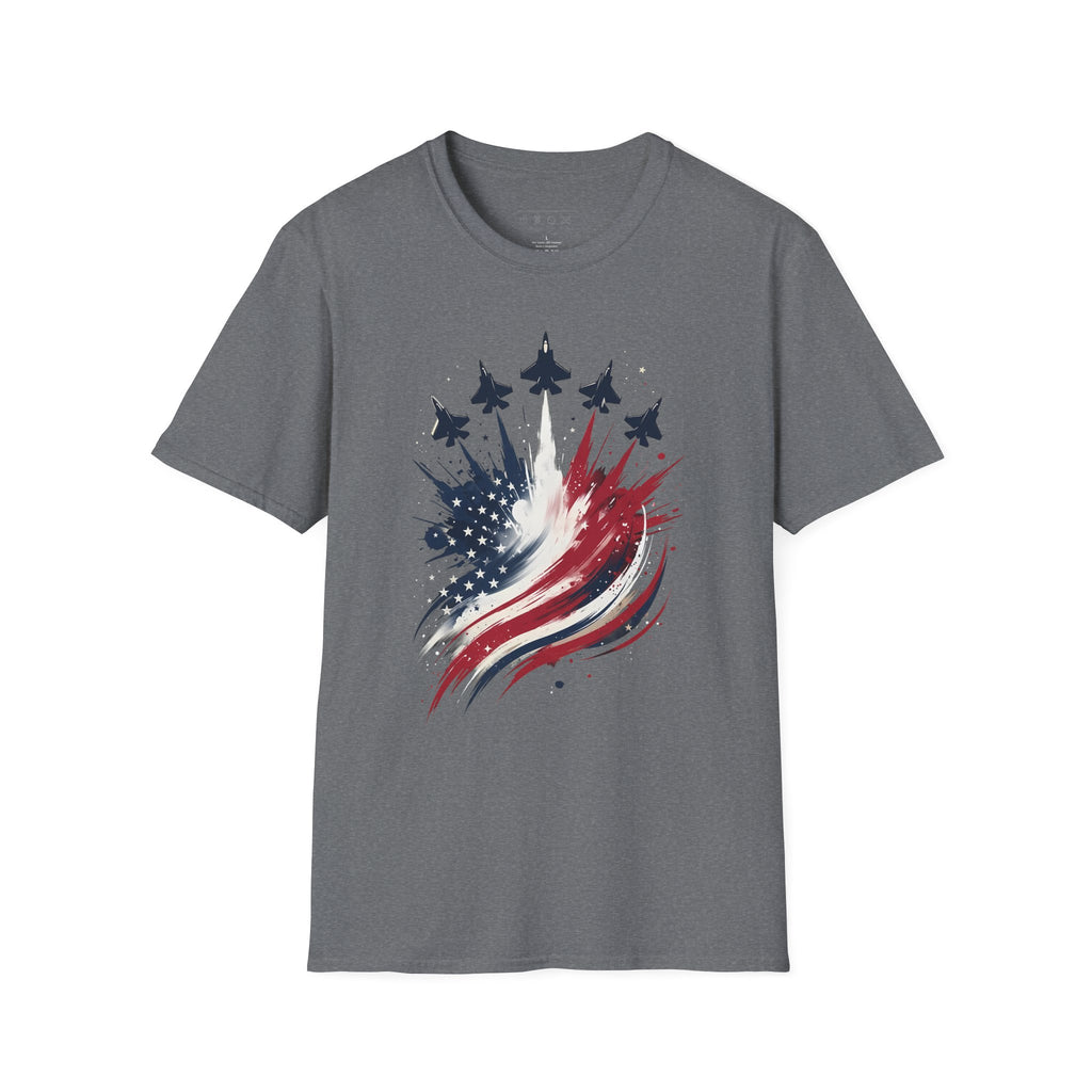 T-Shirt — Patriotic Jet Flyover with American Flag Splash