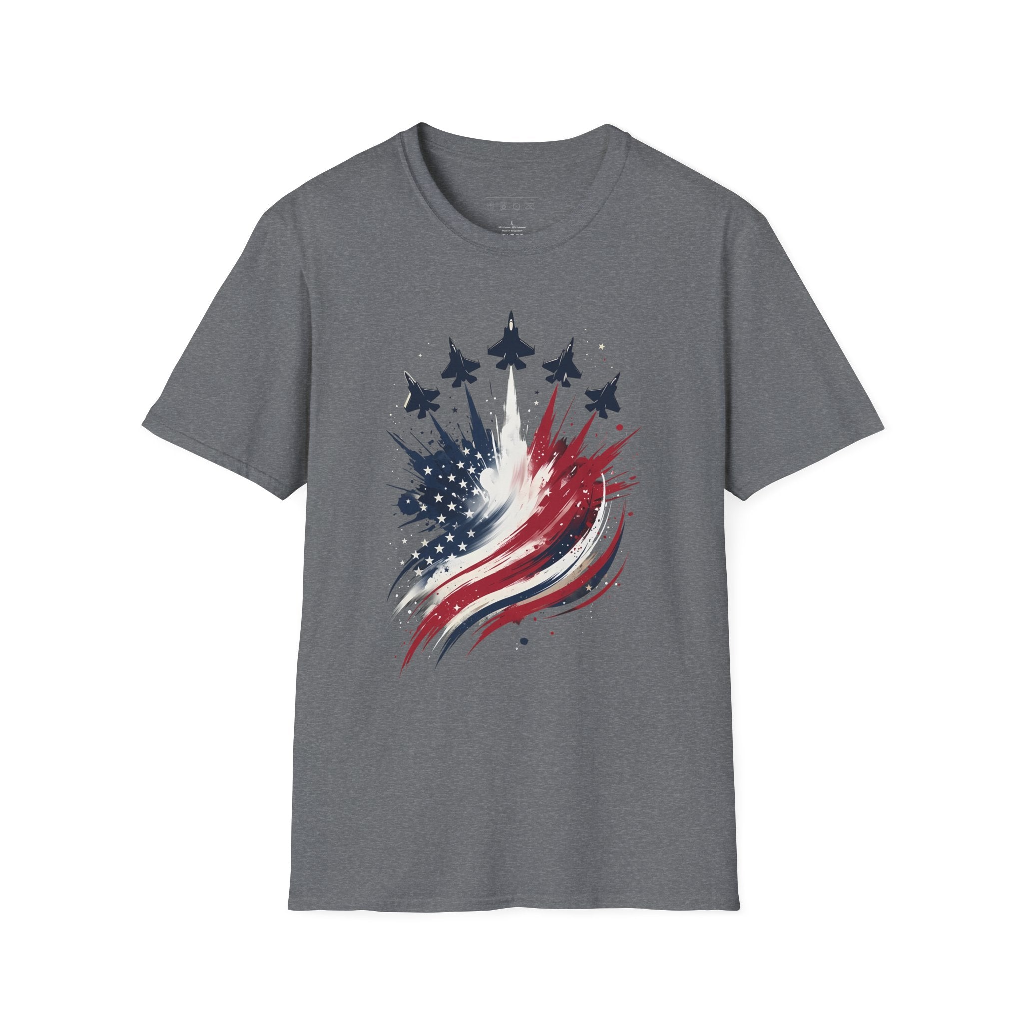 T-Shirt — Patriotic Jet Flyover with American Flag Splash
