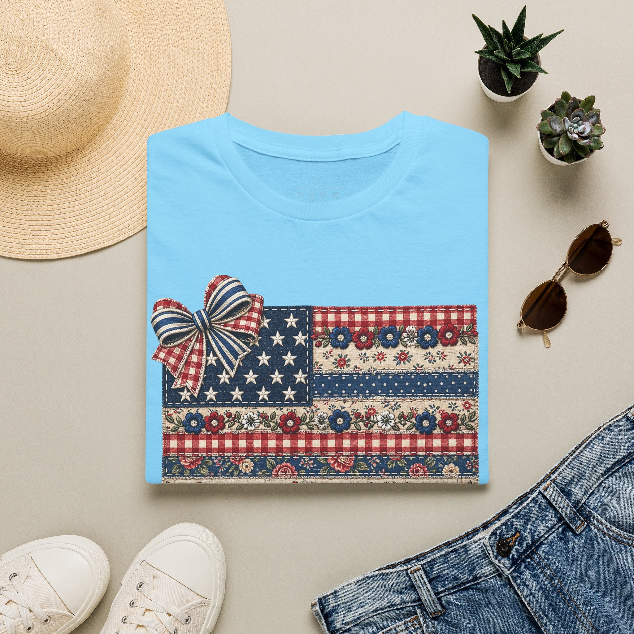 Patriotic Floral Flag T-Shirt — Americana Bow Stars & Stripes Top