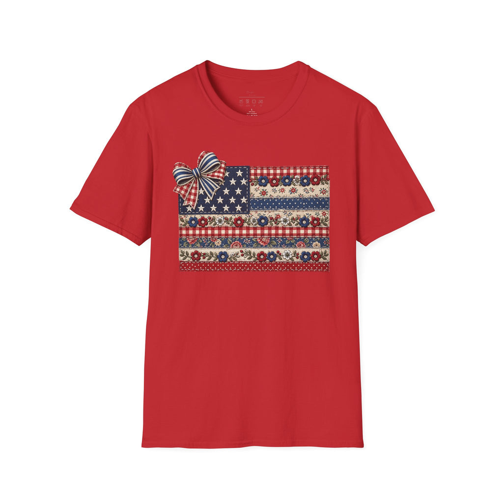Patriotic Floral Flag T-Shirt — Americana Bow Stars & Stripes Top
