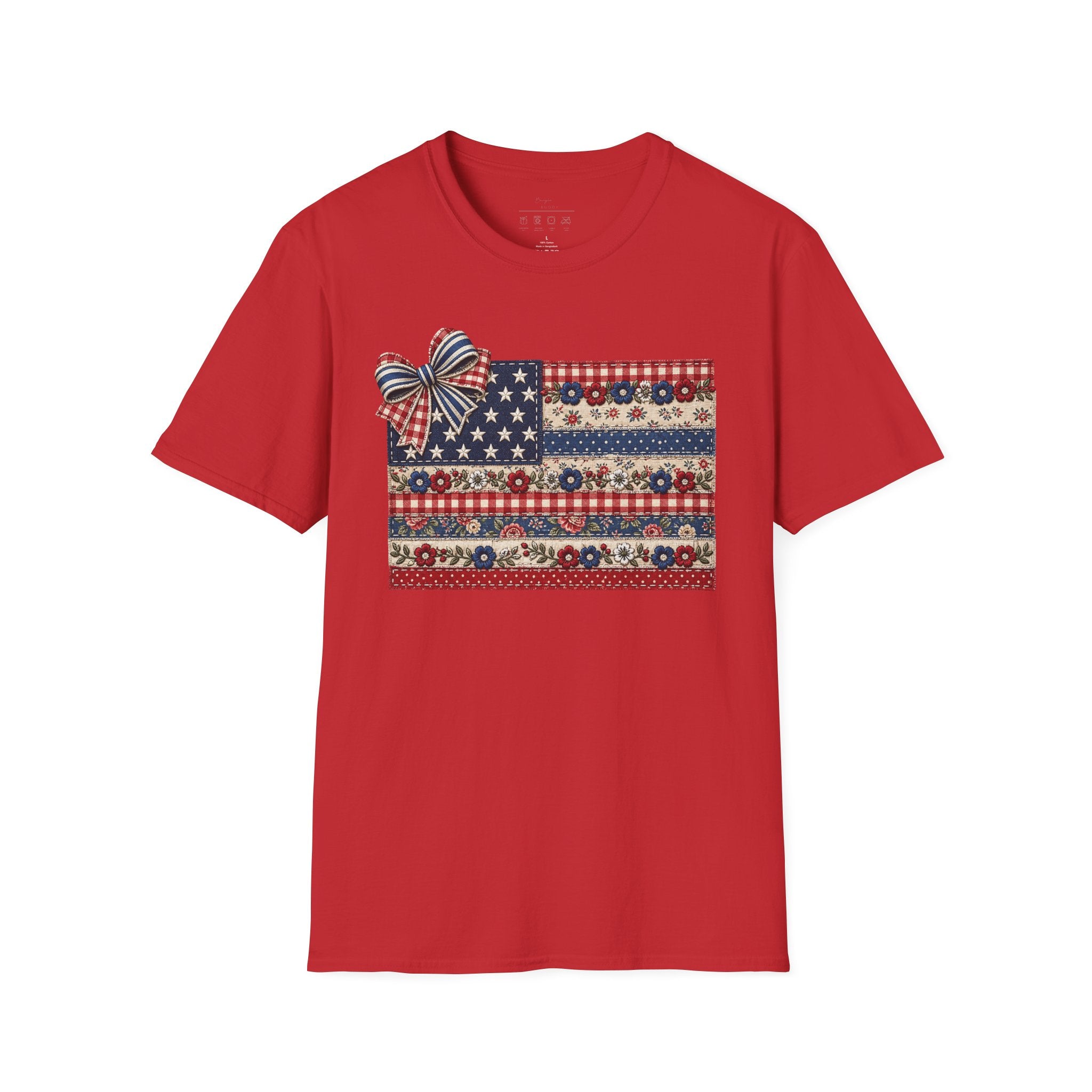 Patriotic Floral Flag T-Shirt — Americana Bow Stars & Stripes Top