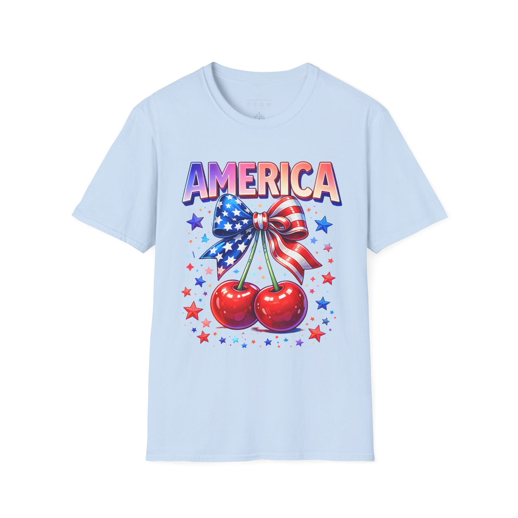 America Patriotic Cherry Graphic T-Shirt — USA Flag Bow 4th of July Tee