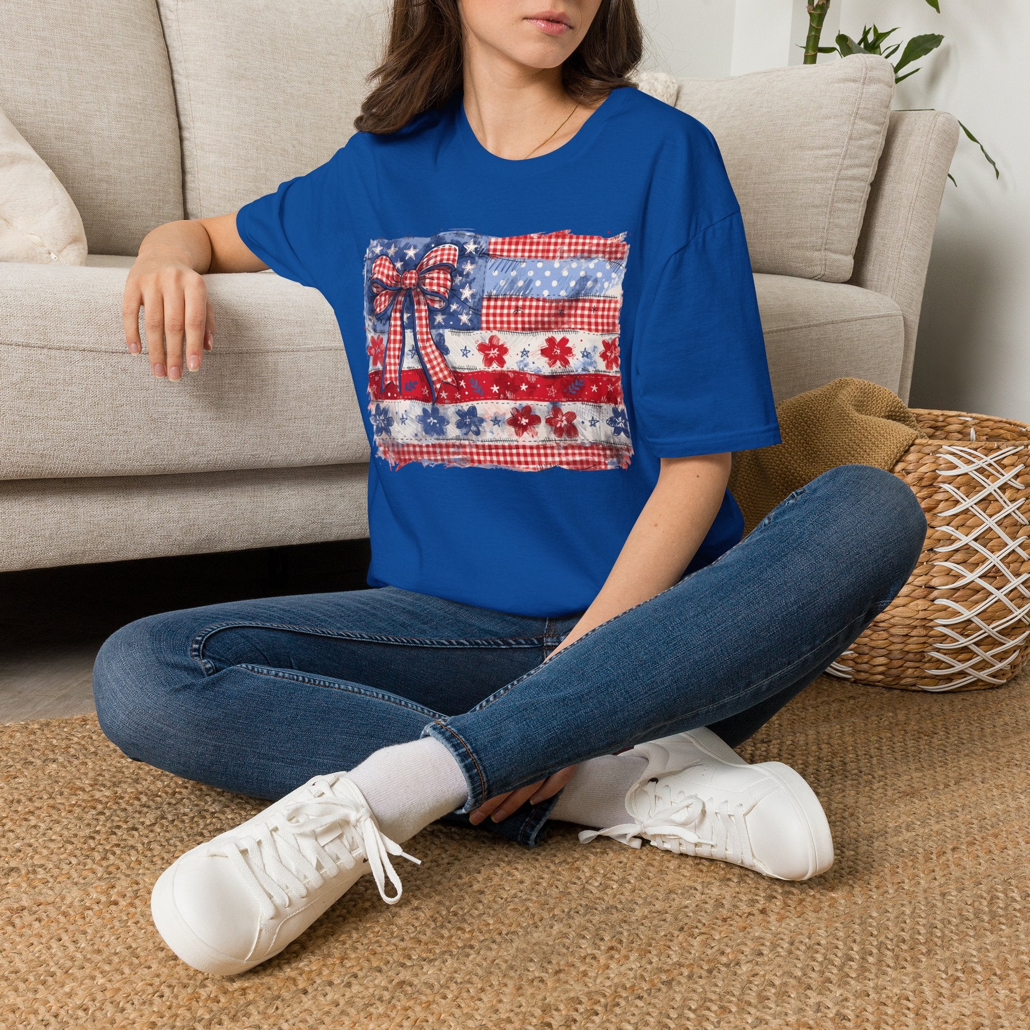 Patriotic Flag Bow T-Shirt — American Red White Blue Fourth of July Tee