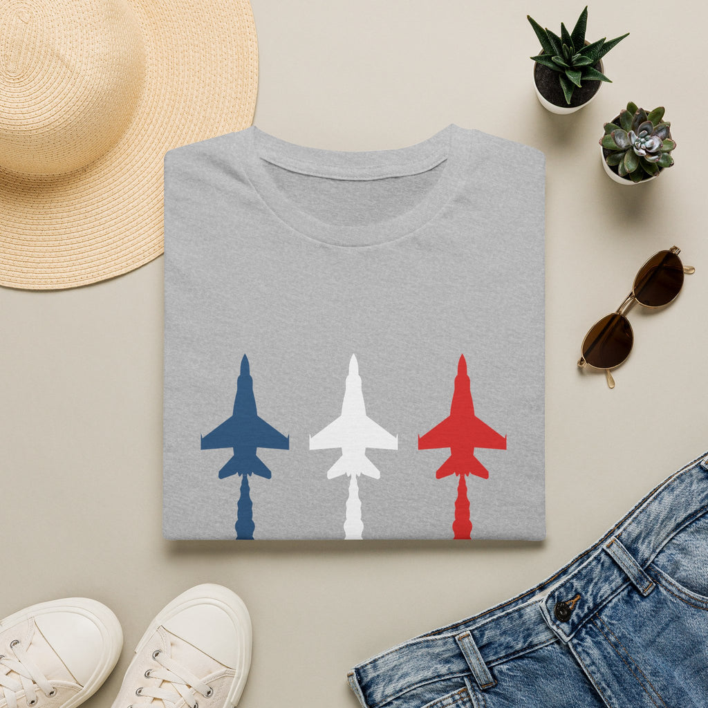 Patriotic Fighter Jet T-Shirt — Red White & Blue Military Aircraft Tee
