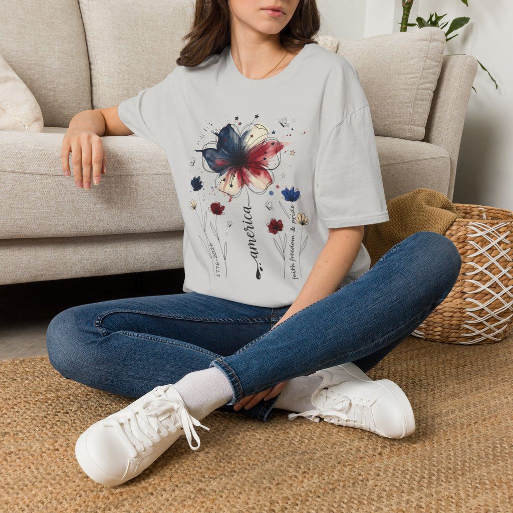 Butterfly Watercolor T-Shirt — Patriotic Red White Blue Floral Graphic