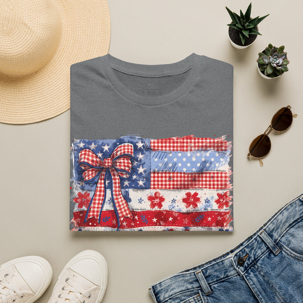 Patriotic Flag Bow T-Shirt — American Red White Blue Fourth of July Tee