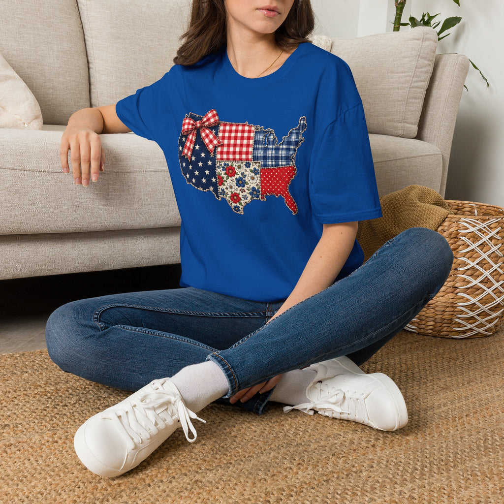 Patriotic Patchwork USA T-Shirt — Quilted Red White & Blue Map Tee