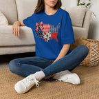 Patriotic Patchwork USA T-Shirt — Quilted Red White & Blue Map Tee