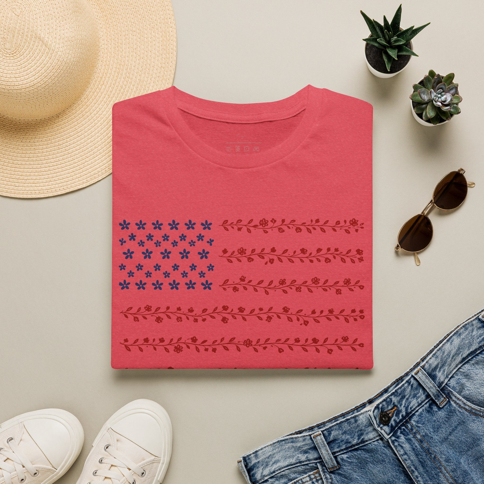 Floral American Flag T-Shirt — Patriotic Red & Blue Botanical Tee for 4th of July