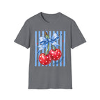 Cherry Graphic T-Shirt — Blue Bow & Striped Summer Tee
