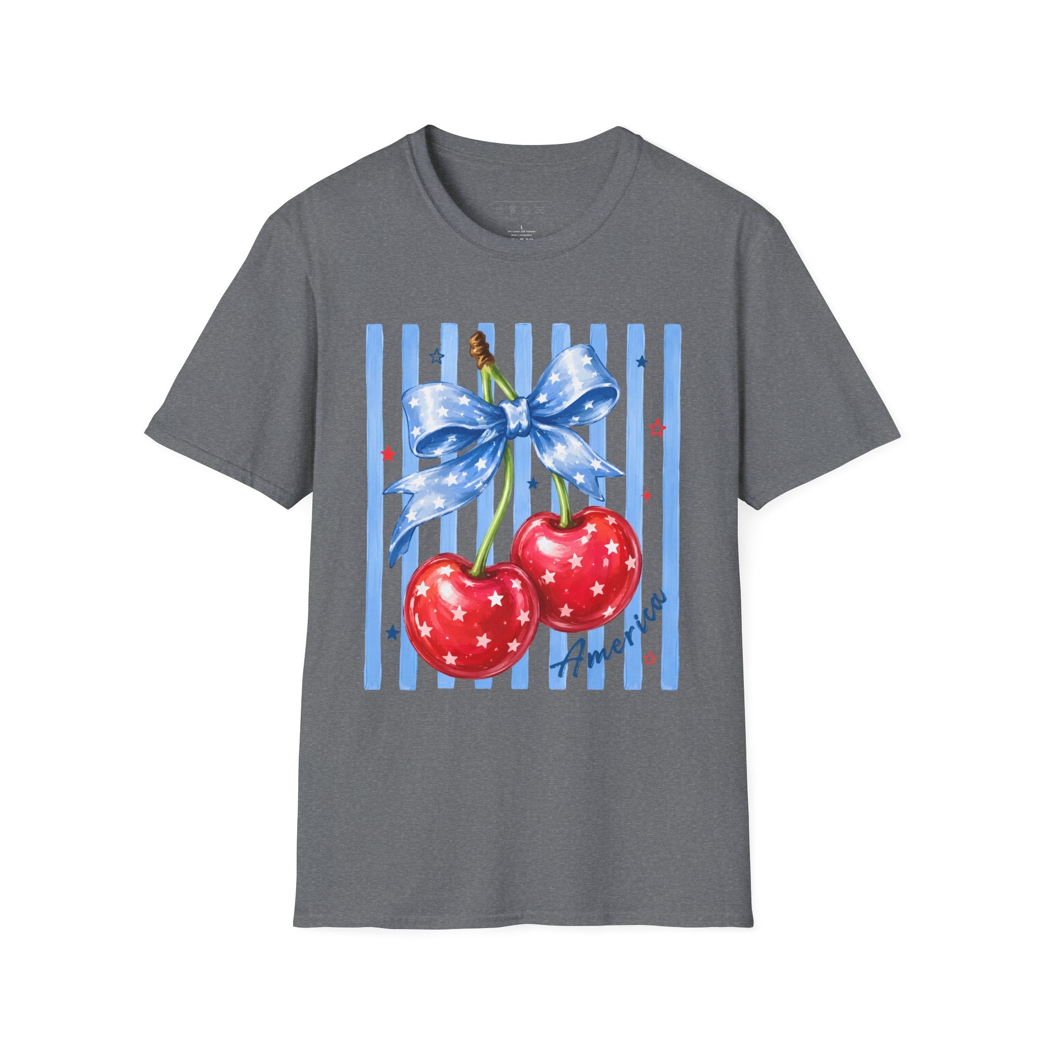 Cherry Graphic T-Shirt — Blue Bow & Striped Summer Tee