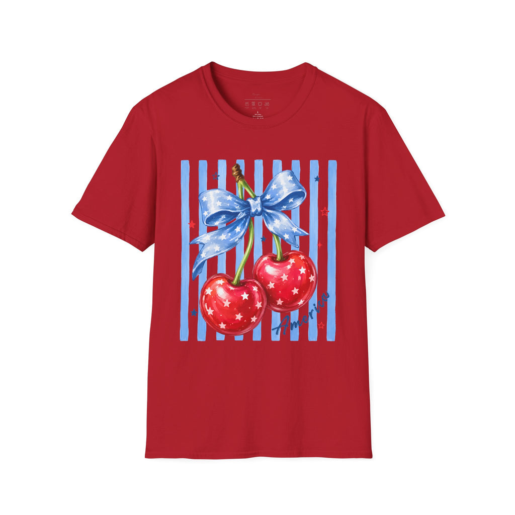 Cherry Graphic T-Shirt — Blue Bow & Striped Summer Tee