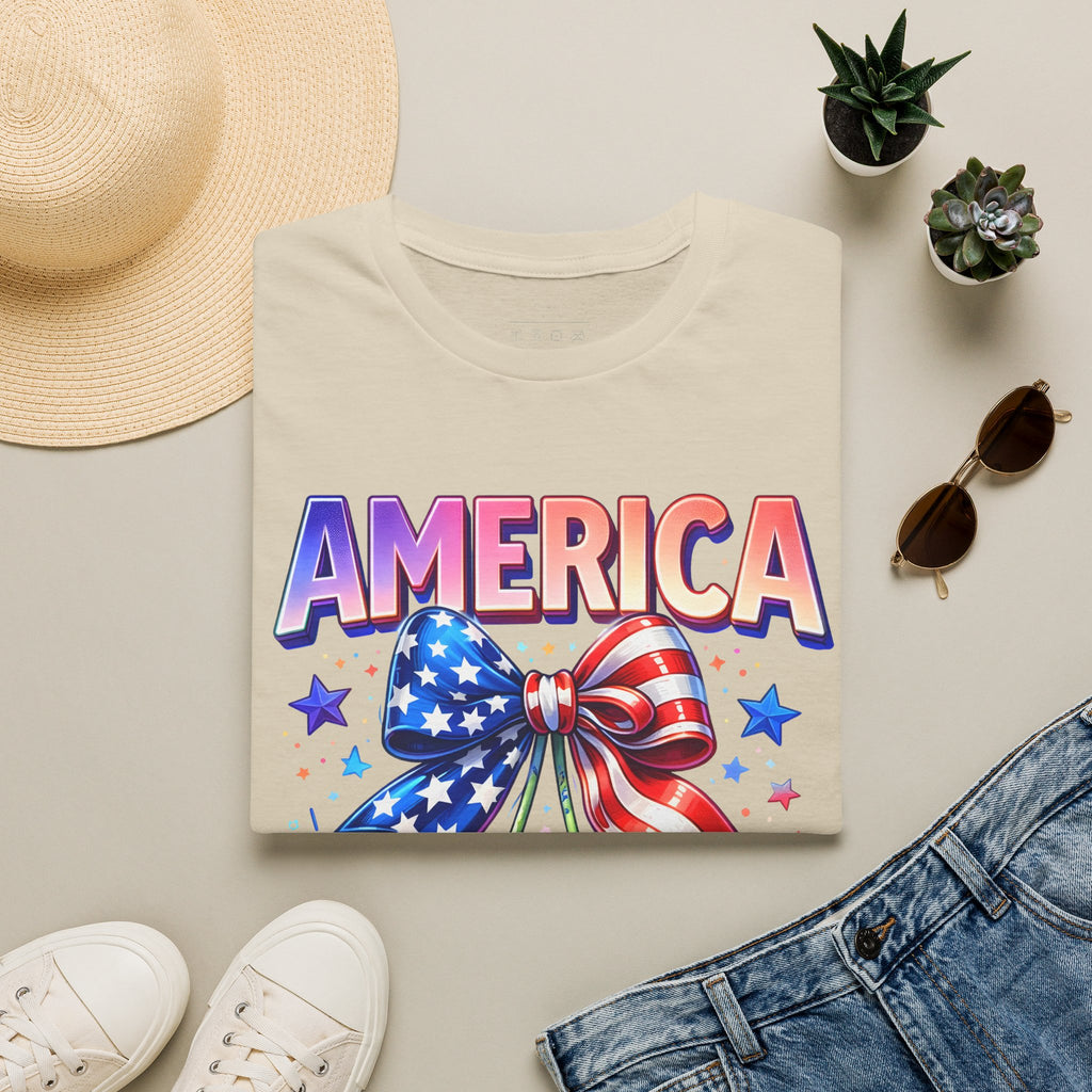 America Patriotic Cherry Graphic T-Shirt — USA Flag Bow 4th of July Tee