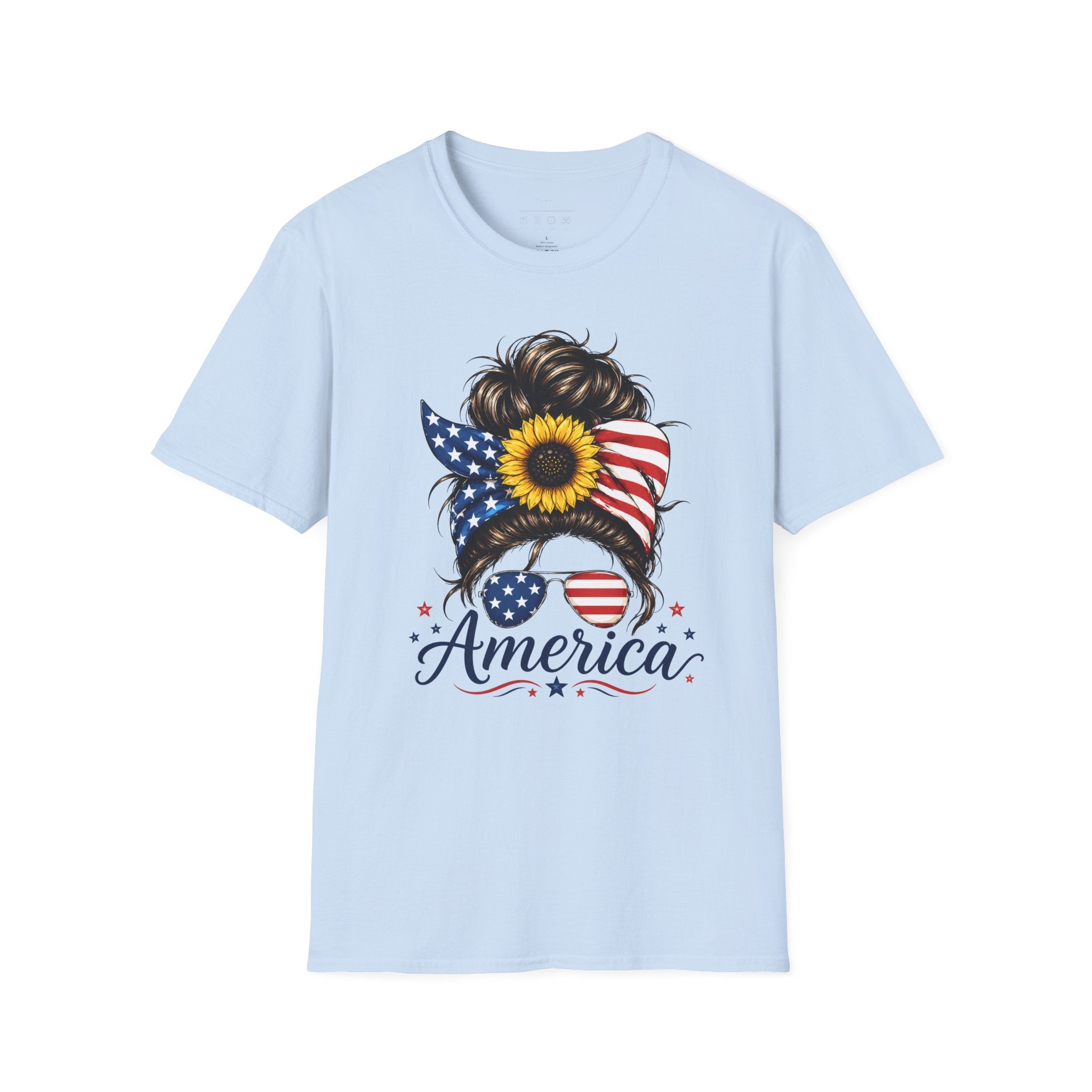 T-Shirt — Patriotic Sunflower Messy Bun (America)