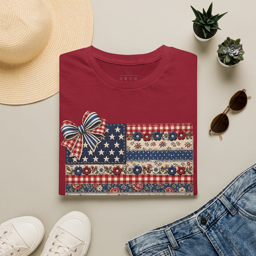 Patriotic Floral Flag T-Shirt — Americana Bow Stars & Stripes Top