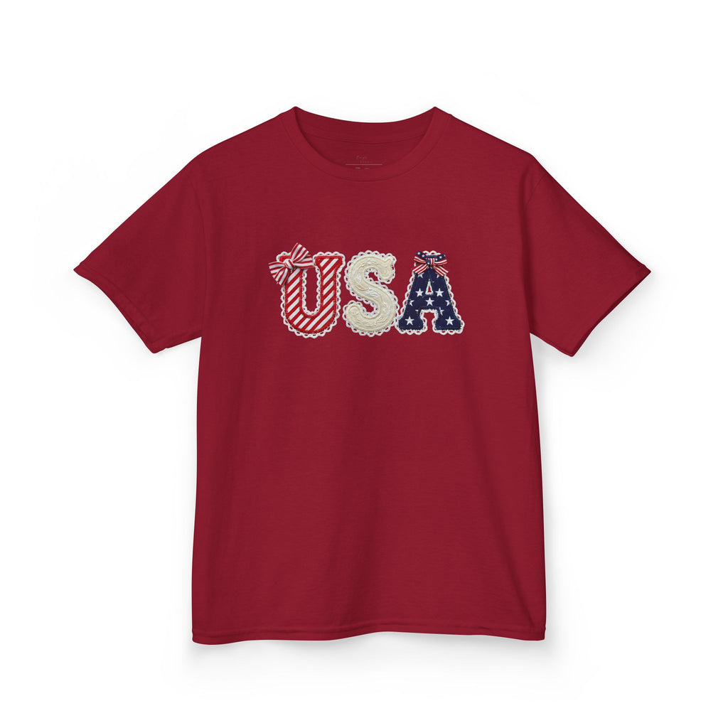 Youth, Kids USA Patriotic Tee — Red White & Blue Flag Letters