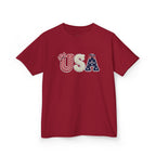 Youth, Kids USA Patriotic Tee — Red White & Blue Flag Letters