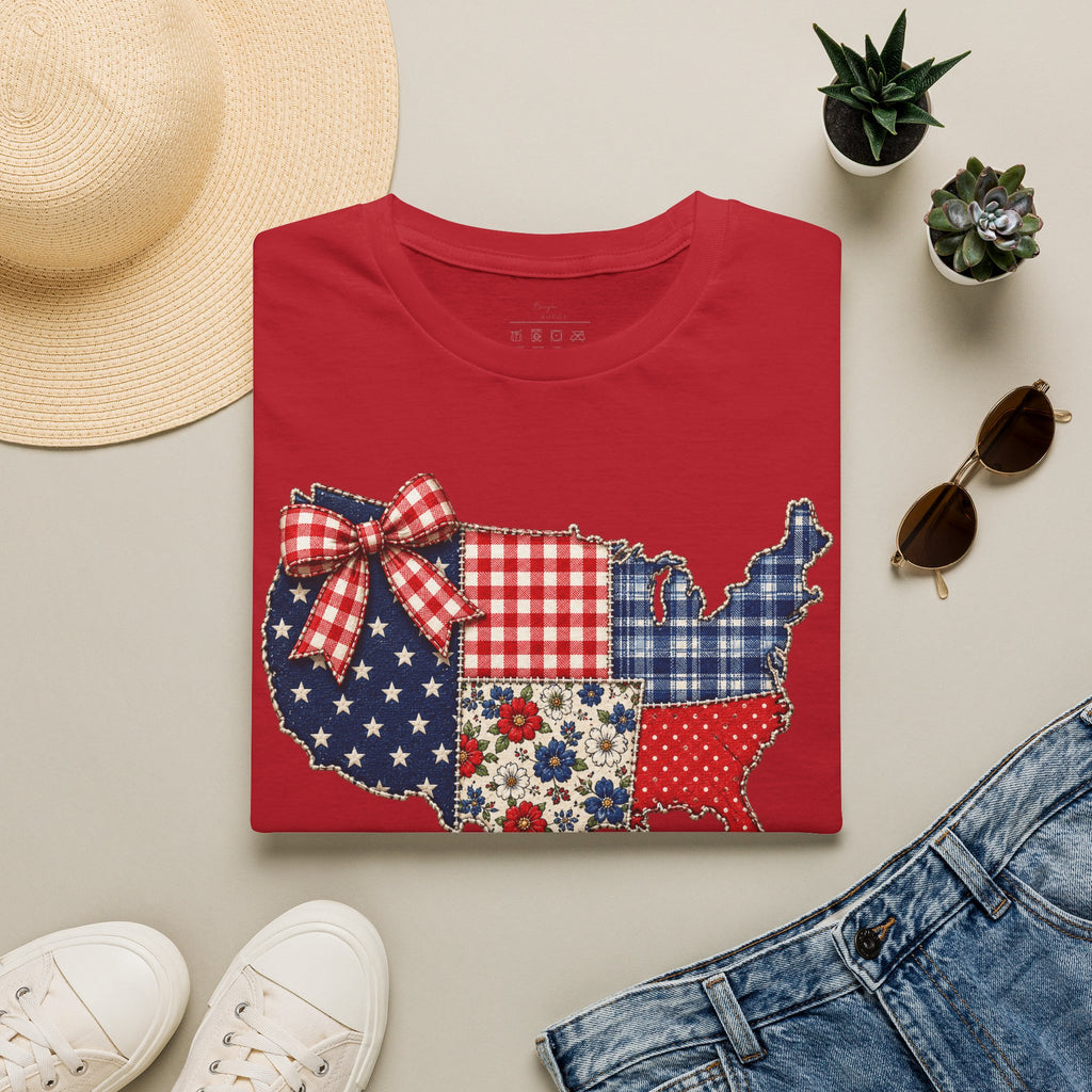 Patriotic Patchwork USA T-Shirt — Quilted Red White & Blue Map Tee