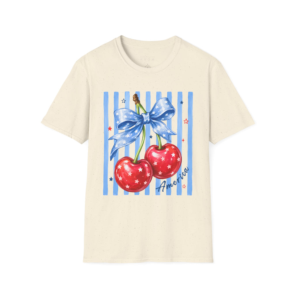 Cherry Graphic T-Shirt — Blue Bow & Striped Summer Tee