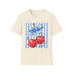 Cherry Graphic T-Shirt — Blue Bow & Striped Summer Tee