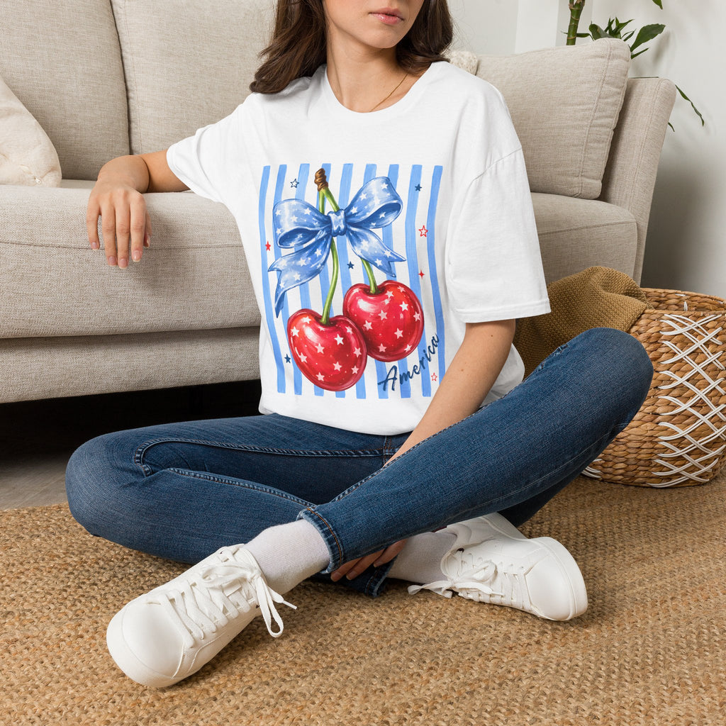 Cherry Graphic T-Shirt — Blue Bow & Striped Summer Tee