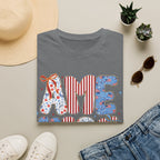 AME Retro Patriotic T-Shirt — Red White Blue Floral & Stripes Graphic Tee