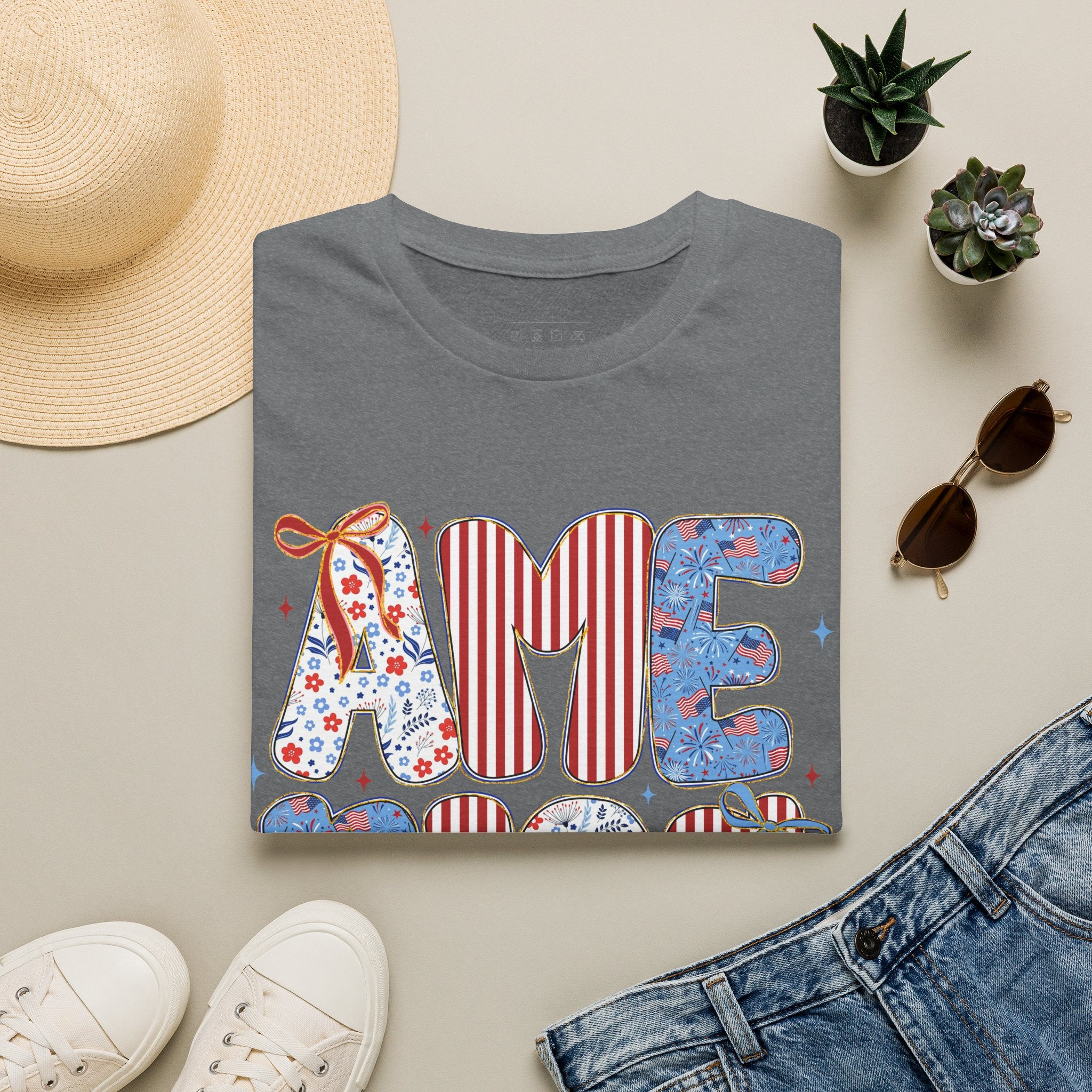 AME Retro Patriotic T-Shirt — Red White Blue Floral & Stripes Graphic Tee