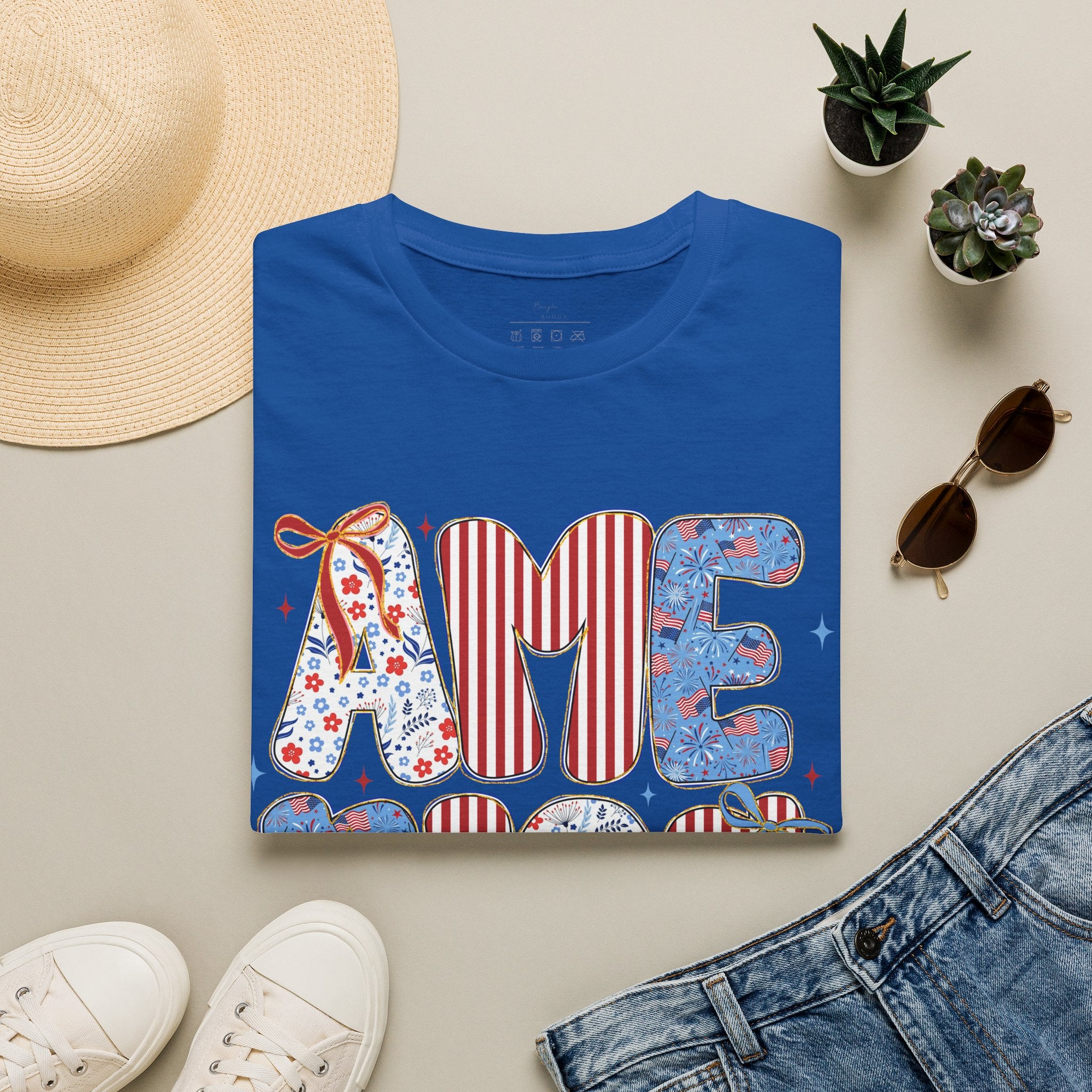 AME Retro Patriotic T-Shirt — Red White Blue Floral & Stripes Graphic Tee