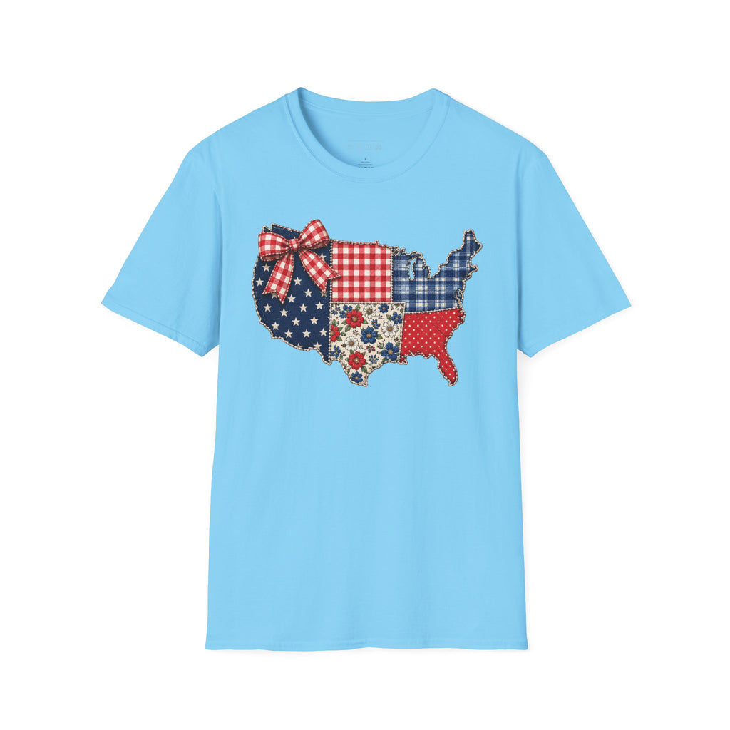 Patriotic Patchwork USA T-Shirt — Quilted Red White & Blue Map Tee