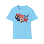 Patriotic Patchwork USA T-Shirt — Quilted Red White & Blue Map Tee